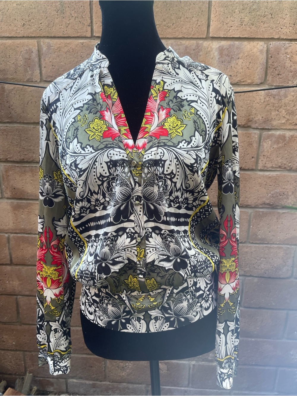bebe Floral Paisley Blouse- Olive, Black & Red